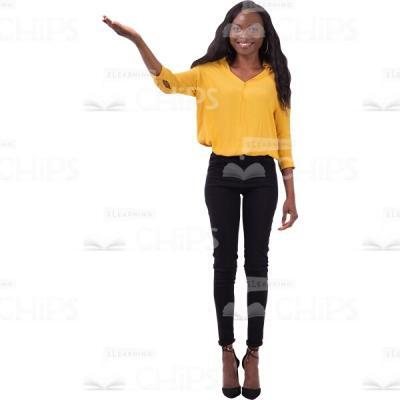 Glad Woman Holding Right Hand Up Overhead Cutout Photo-0