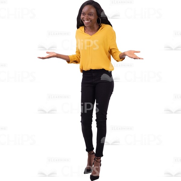Cheerful Woman With Wide Smile Spreads Hands Cutout Image-0