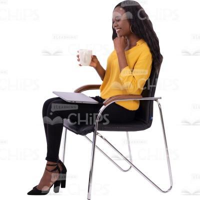Smiling Cutout Woman Sitting With Closed Notebook And Cup In Hand-0